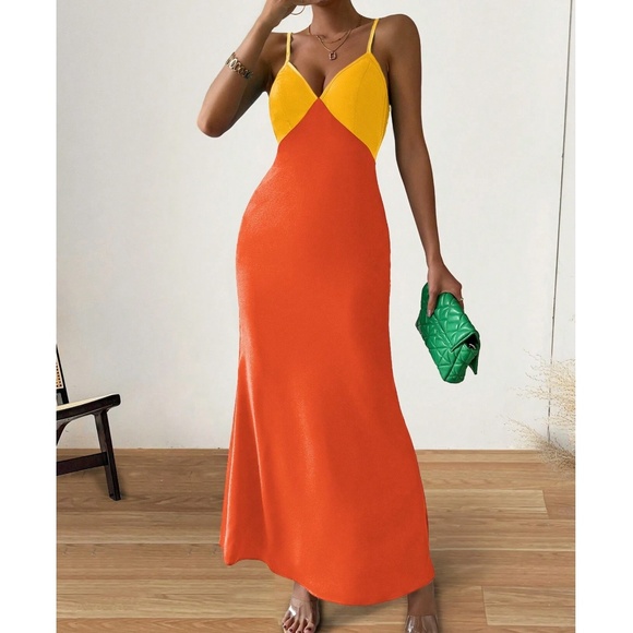 Colorblock Plunging Neck Zipper Cami Strap Slip Maxi Dress - Picture 5 of 7